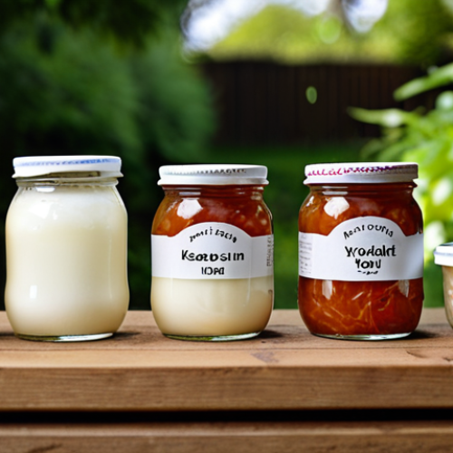 **Close-up shot of various fermented foods (kefir, sauerkraut, yogurt, kimchi) arranged artfully on a wooden table. Soft, natural lighting with a shallow depth of field to emphasize the textures. The background is blurred with greenery, hinting at a garden setting.** (This visually represents the dietary aspect of improving the microbiome.)