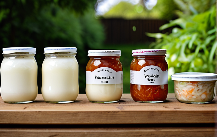 **Close-up shot of various fermented foods (kefir, sauerkraut, yogurt, kimchi) arranged artfully on a wooden table. Soft, natural lighting with a shallow depth of field to emphasize the textures. The background is blurred with greenery, hinting at a garden setting.** (This visually represents the dietary aspect of improving the microbiome.)