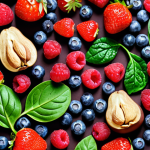 A vibrant collage of antioxidant-rich foods, showcasing colorful berries (blueberries, raspberries, strawberries), green leafy vegetables (spinach, kale), walnuts, almonds, and a piece of dark chocolate. The composition emphasizes the variety and abundance of these health-boosting foods.