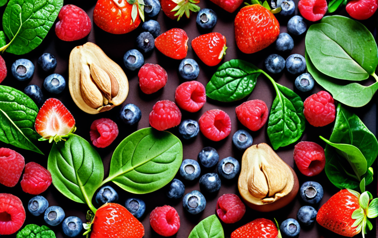 A vibrant collage of antioxidant-rich foods, showcasing colorful berries (blueberries, raspberries, strawberries), green leafy vegetables (spinach, kale), walnuts, almonds, and a piece of dark chocolate. The composition emphasizes the variety and abundance of these health-boosting foods.