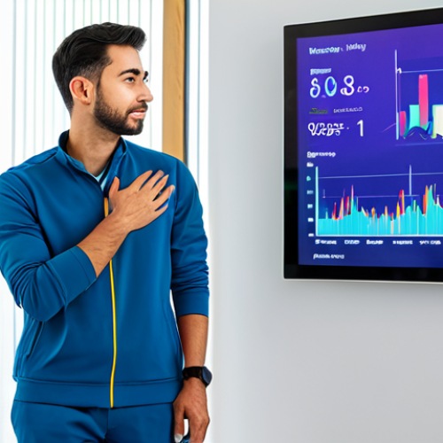 A professional, healthy individual, fully clothed in modest, comfortable, and appropriate attire, standing in a brightly lit, modern wellness hub. They are looking at a transparent digital display that shows abstract, vibrant health data visualizations and graphs (like sleep cycles, HRV, and energy curves). A sleek, subtle wearable device is visible on their wrist. The background is clean and minimalistic, suggesting innovation and personal optimization. The subject has perfect anatomy, correct proportions, well-formed hands, and a natural, focused pose with a thoughtful expression. Professional photography, high quality, safe for work, appropriate content, family-friendly, full body shot, ultra-detailed.