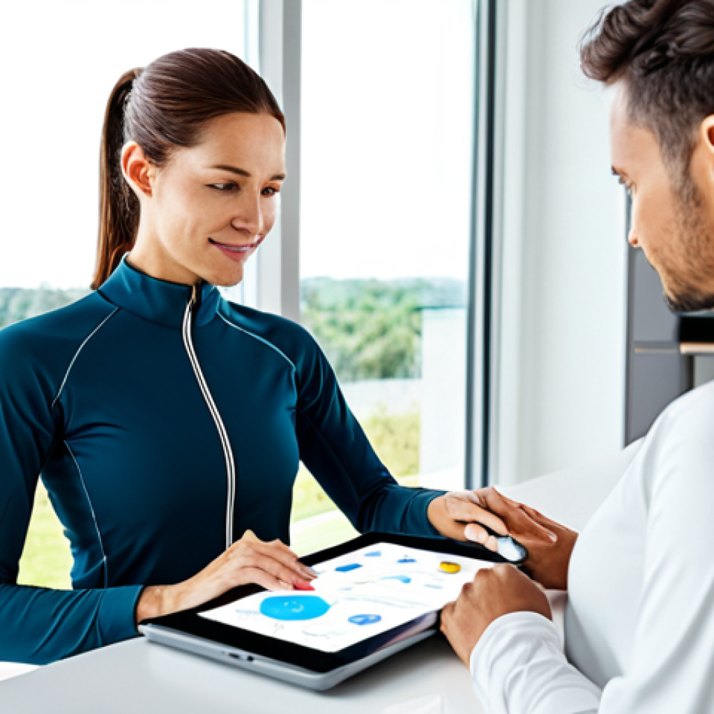 **Image Prompt 1: Smart Technology for Personalized Wellness**
A professional, healthy adult, fully clothed in modern, modest activewear, confidently reviewing personalized health data on a sleek, futuristic tablet. The setting is a minimalist, light-filled home wellness studio, with natural light streaming through large windows. The individual has perfect anatomy, correct proportions, and a natural pose, with well-formed hands and proper finger count. The image conveys a sense of empowerment and informed decision-making. Safe for work, appropriate content, fully clothed, professional, high quality, realistic photography.