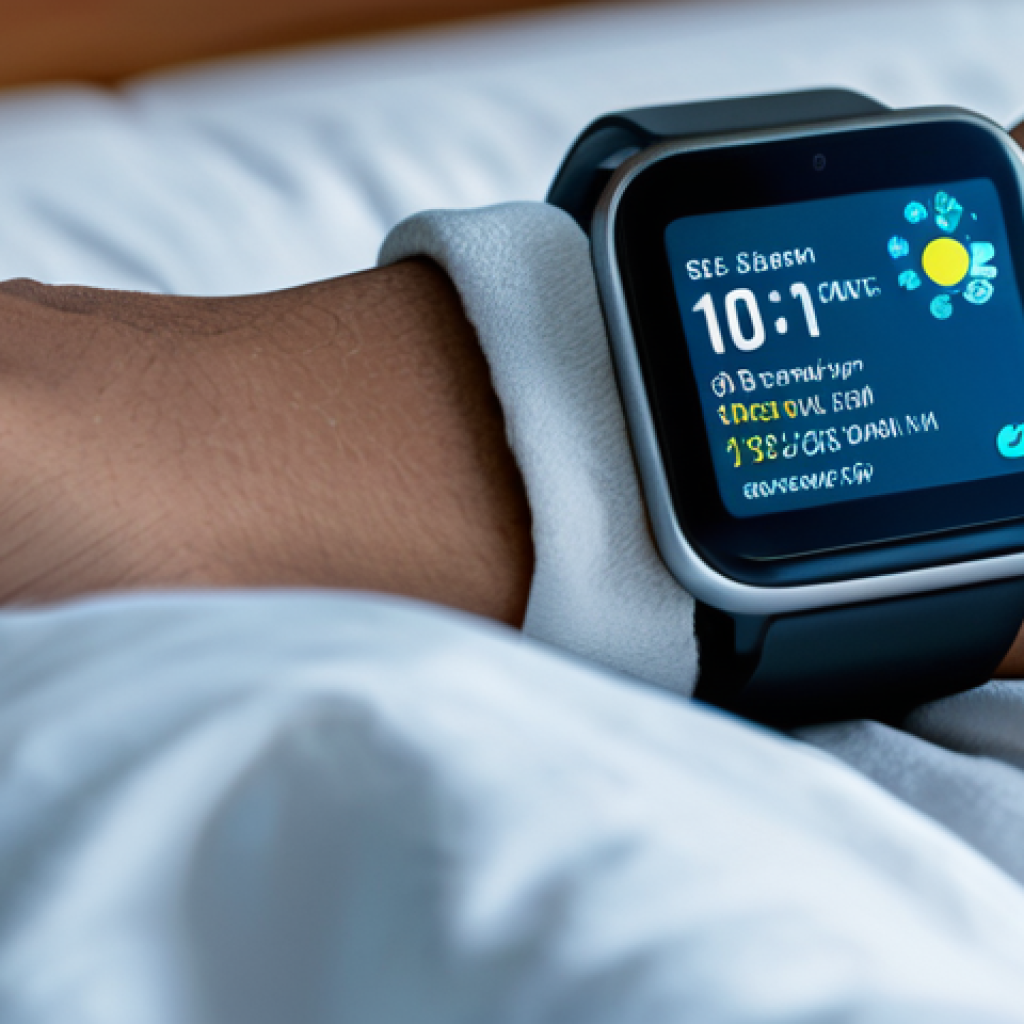 Wearable Technology & Sleep**
"A person sleeping peacefully in a comfortable bed, wearing a modern smartwatch. The smartwatch display shows sleep data. The bedroom is softly lit and inviting. Focus on the technology enhancing well-being. safe for work, appropriate content, fully clothed, modest pajamas, professional, perfect anatomy, correct proportions, natural pose, well-formed hands, proper finger count, natural body proportions, professional photography, high quality."
**