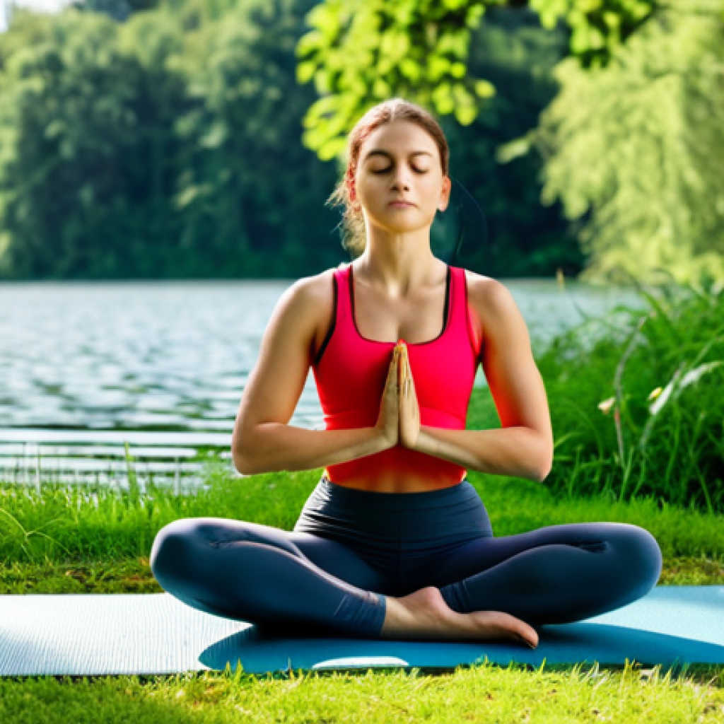 **
A woman practicing diaphragmatic breathing in a sunlit park. She is sitting comfortably on a yoga mat, fully clothed in workout attire, with one hand on her chest and the other on her stomach. The background features lush greenery and a serene lake. Focus on perfect anatomy, natural proportions, professional photography, high quality, safe for work, appropriate content, fully clothed, modest.
**