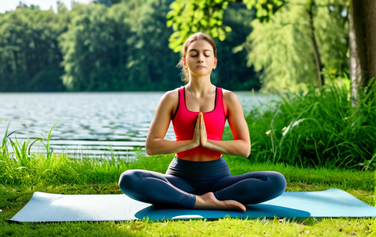 **
A woman practicing diaphragmatic breathing in a sunlit park. She is sitting comfortably on a yoga mat, fully clothed in workout attire, with one hand on her chest and the other on her stomach. The background features lush greenery and a serene lake. Focus on perfect anatomy, natural proportions, professional photography, high quality, safe for work, appropriate content, fully clothed, modest.
**