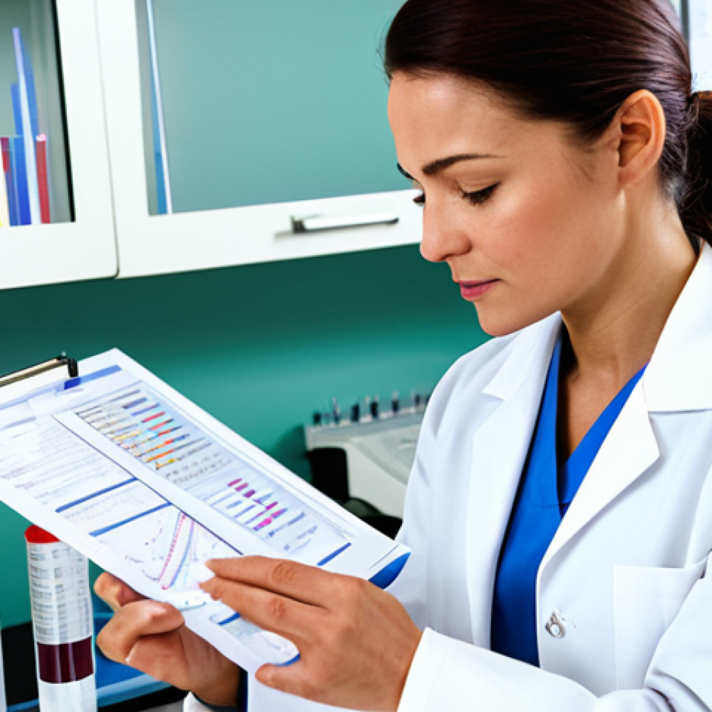 Personalized Nutrition & DNA Analysis**

A professional woman in a fully clothed, modest lab coat, examining a DNA analysis report in a bright, clean laboratory. Background includes lab equipment and nutrition charts. Focus on health and science, not beauty. Safe for work, appropriate content, professional, perfect anatomy, natural proportions, well-formed hands, proper finger count.

**