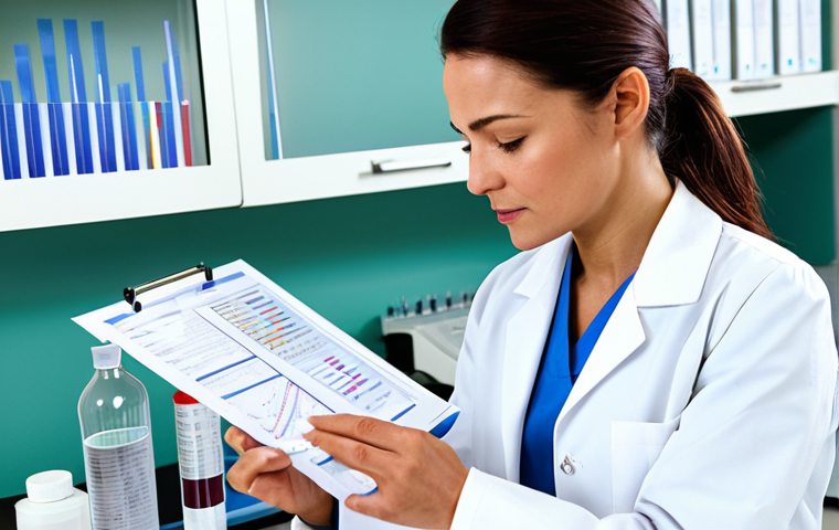 Personalized Nutrition & DNA Analysis**
A professional woman in a fully clothed, modest lab coat, examining a DNA analysis report in a bright, clean laboratory. Background includes lab equipment and nutrition charts. Focus on health and science, not beauty. Safe for work, appropriate content, professional, perfect anatomy, natural proportions, well-formed hands, proper finger count.
**