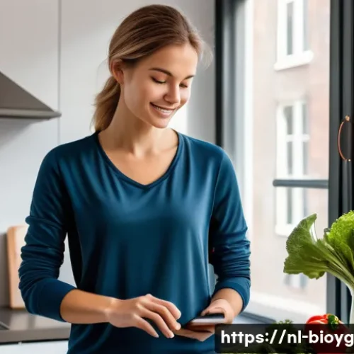 Home 33 바이오해킹을 위한 체중 관리 앱 - A modern Dutch woman in casual sportswear wearing a smartwatch and using a smartphone app to track h...