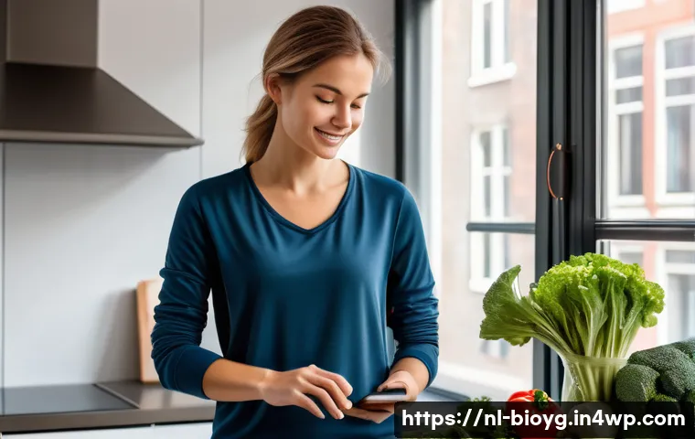 바이오해킹을 위한 체중 관리 앱 - A modern Dutch woman in casual sportswear wearing a smartwatch and using a smartphone app to track h...