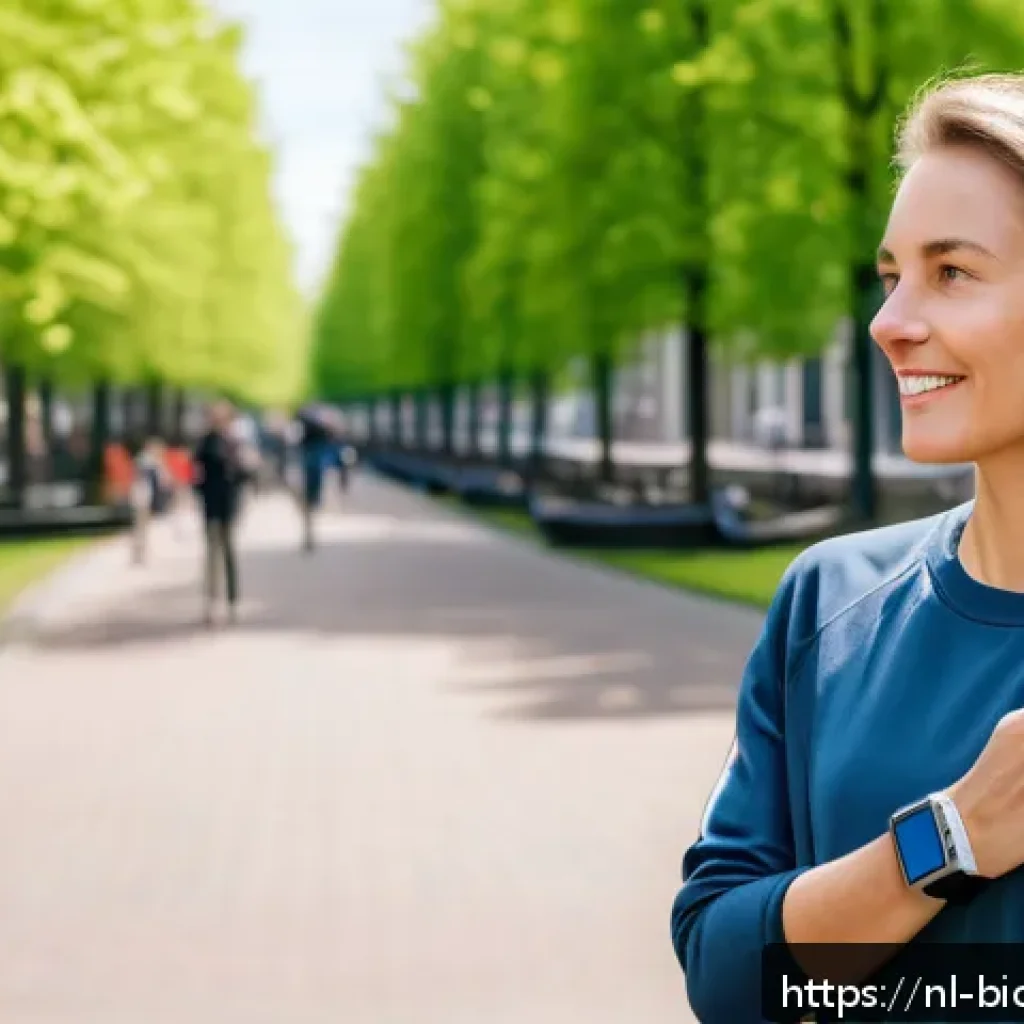 바이오해킹의 사회적 영향 - A modern Dutch individual wearing stylish smartwatches and biometric sensors on their wrist and uppe...