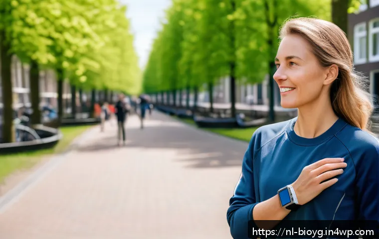 바이오해킹의 사회적 영향 - A modern Dutch individual wearing stylish smartwatches and biometric sensors on their wrist and uppe...