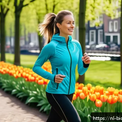 Home 30 바이오해킹을 위한 성과 측정 방법 - A modern Dutch adult wearing a sleek smartwatch and fitness tracker while jogging through a scenic p...