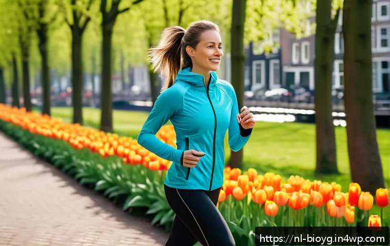 바이오해킹을 위한 성과 측정 방법 - A modern Dutch adult wearing a sleek smartwatch and fitness tracker while jogging through a scenic p...