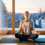Home 23 바이오해킹을 위한 스트레스 해소 기법 - A serene indoor scene of a Dutch adult woman practicing mindful 4-7-8 breathing in a cozy, softly li...