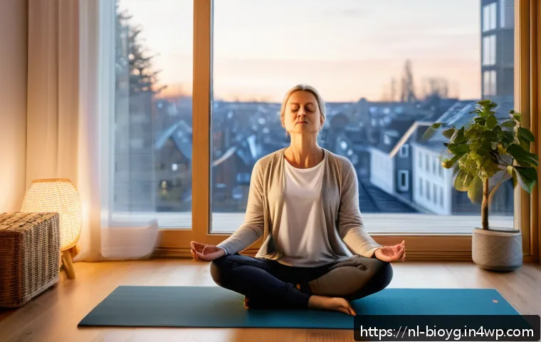 바이오해킹을 위한 스트레스 해소 기법 - A serene indoor scene of a Dutch adult woman practicing mindful 4-7-8 breathing in a cozy, softly li...