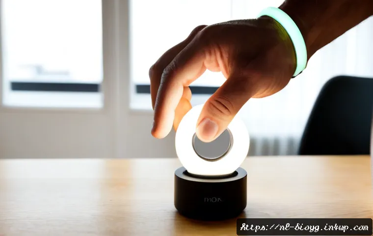 Home 17 바이오해킹을 위한 반응 속도 시험 - Photorealistic close-up of a healthy adult’s hand tapping a blank circular reaction-test light on a ...