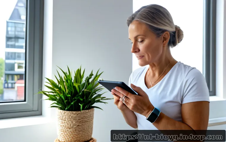 바이오해킹의 미래  어떤 기술이 필요할까 - Photorealistic future biohacking wellness scene in a bright Dutch apartment, a middle-aged woman wea...